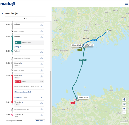 Voit suunnitella reitin Viroon asti opas.matka.fi -palvelussa