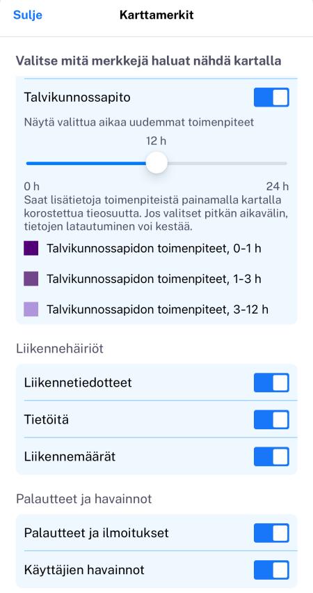 Talvikunnossapitotietojen asetukset Fintraffic Mobiili -sovelluksessa