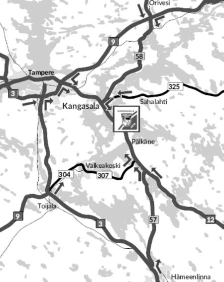 Liikenteenohjaus Tampere-Valkeakoski valtateillä karttana.