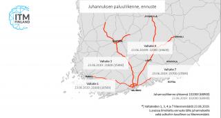 Juhannuksen menoliikenne Etelä-Suomen pääteillä karttana.